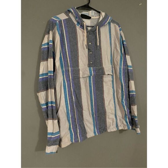 No Boundaries Striped Vintage Hooded Pullover Quarter Button Down Size L - Picture 2 of 10